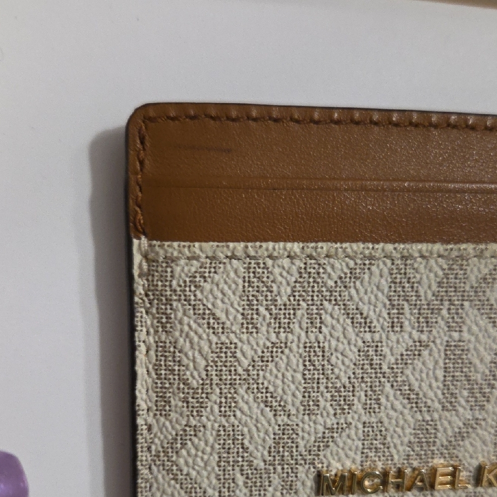 Michael Kors Beige and Tan MK Logo Card Holder with Gold Logo - Picture 4 of 13